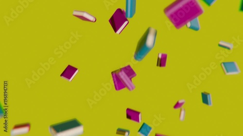 3d books floating down from above, on a solid colour background