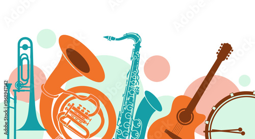 Jazz Music Instruments and Abstract Shapes in a Colorful Flat Design Composition for Events