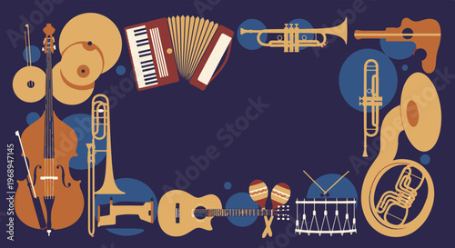 Jazz Musical Instruments Collection with Brass String and Percussion Forming a Vibrant Border Frame