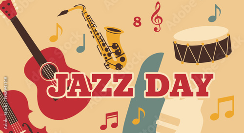 Jazz Musical Instruments Composition with Guitar Saxophone and Drum on a Festive Beige Canvas for Celebration