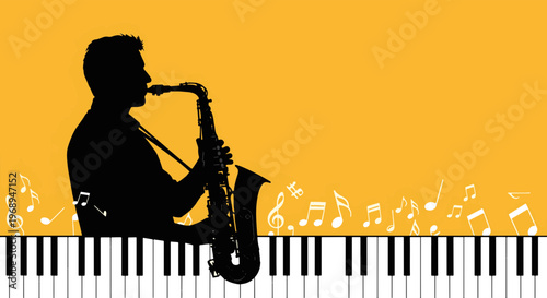 Jazz Musician Silhouette Playing Saxophone on a Piano Keyboard Surrounded by Floating Musical Notes