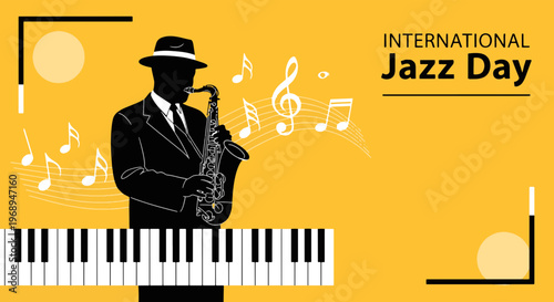 Silhouetted Jazz Musician Playing a Saxophone with Floating Musical Notes and Piano Keyboard Design