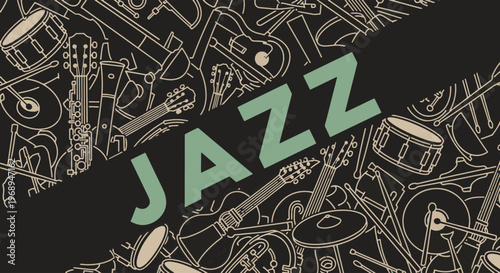 Musical Instrument Pattern with Bold Jazz Typography a Vibrant Design for Music Themes and Events