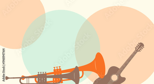 Jazz Trumpets and Acoustic Guitar Gracefully Displayed with Soft Overlapping Pastel Geometric Shapes