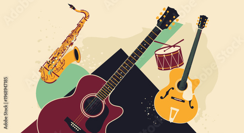 Stylized Jazz Music Instruments Featuring Saxophone Acoustic Guitar Archtop Guitar and Percussion Drum