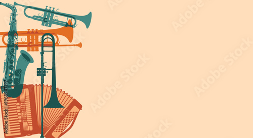 Stylized Jazz Musical Instruments Featuring a Saxophone Trumpet Trombone and Accordion Creating a Vibrant Composition