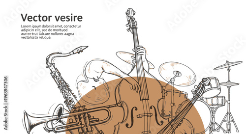 Hand drawn Sketch of Jazz Musical Instruments Saxophone Trumpet Double Bass and Drum Set for a Vibrant Music Concept