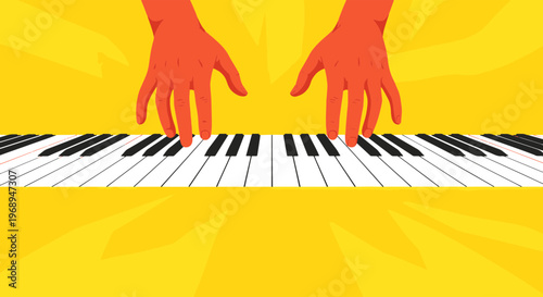 Hands Playing a Melodic Jazz Tune on a Piano Keyboard with Vibrant Yellow Abstract Background Design