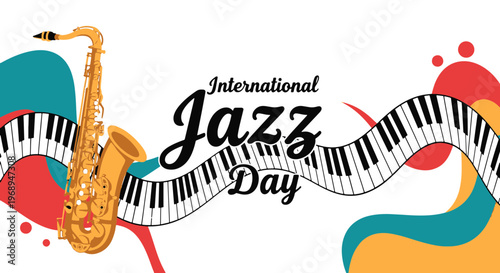 International Jazz Day Event Banner Featuring a Golden Saxophone and Flowing Piano Keyboard Design Elements