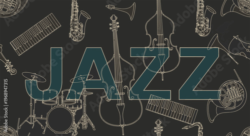 Jazz Music Concept with Outlined Musical Instruments Including Saxophones Drums and Bass on a Dark Backdrop