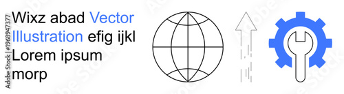 Technology, progress, global connectivity, system optimization, technical tools, innovation. Globe icon, upward arrow and gear with wrench. Global connectivity and progress concept