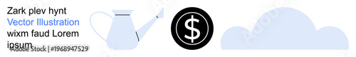 Gardening, economy, weather, savings, investment, cloud computing. Minimalist icons of a watering can, dollar sign and cloud. Gardening and economy related concepts