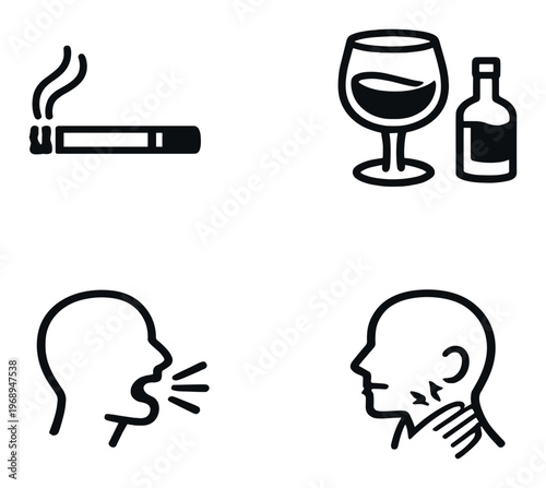 Cigarette and alcohol beside speaking head with throat pain on dark
