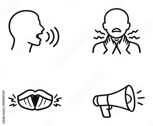 Head and megaphone showing speaking and throat pain on dark panel