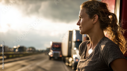 Supply Chain Disruption, Young woman truck driver standing near semi truck highway looking supply chain disruption with cloudy sky and sunlight