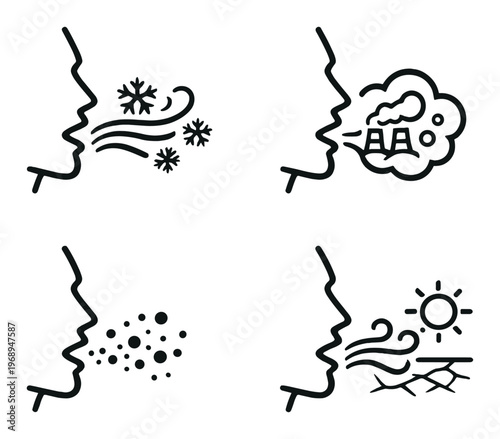 Head exhaling snow, pollution, dust and dry air on dark panel