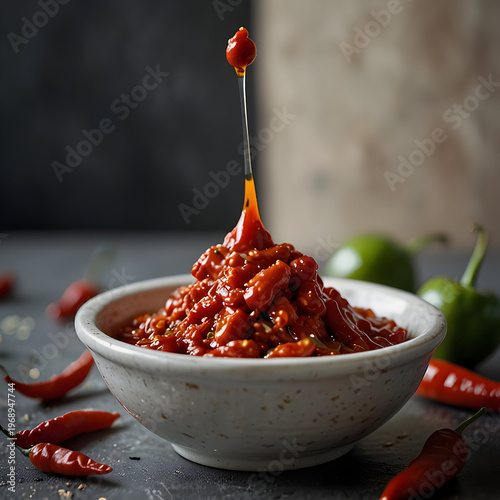 Deep red harissa sauce drizzled with chili peppers in a rustic bowl
