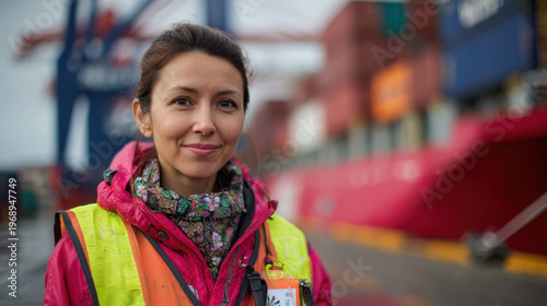 Supply Chain Disruption, Young woman worker in safety vest at port with container ship in background showing supply chain disruption impact