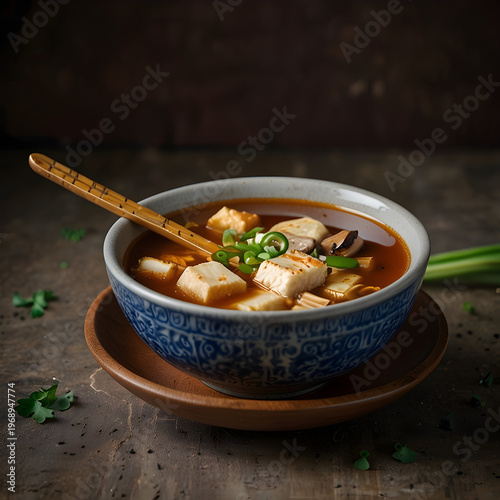 Hot and sour soup steaming in a bowl topped with green onions and tofu