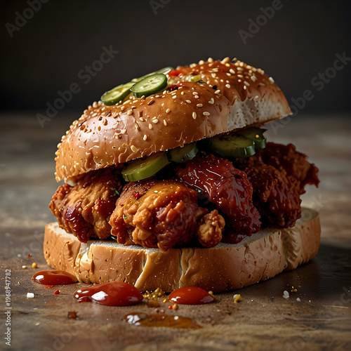 Crispy Nashville hot chicken sandwich with pickles on sesame bun