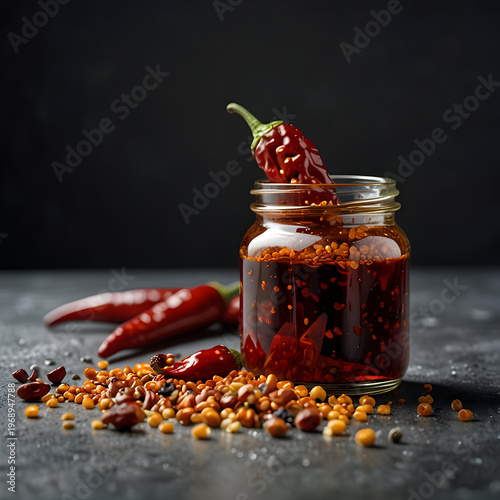 Hot chili oil in glass jar with red peppers and spices on dark surface