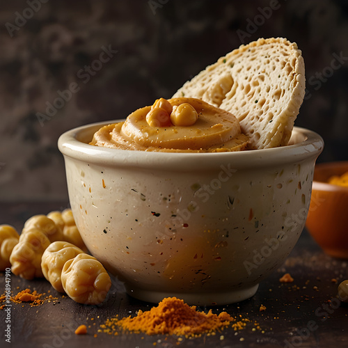 Creamy hummus with fresh bread and chickpeas on a rustic table