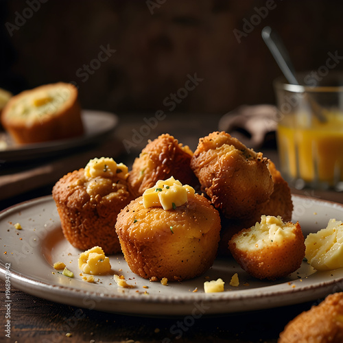 Hush puppies served with butter in a rustic dining setting