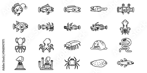 15 Black and White Deep Sea Creature Vector Icons Flat Line Art Bundle