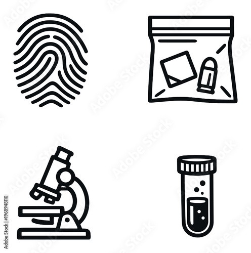 Fingerprint, evidence bag, microscope and test tube on grey background
