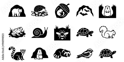 15 Black and White Hibernation Dormancy Vector Icons Flat Line Art