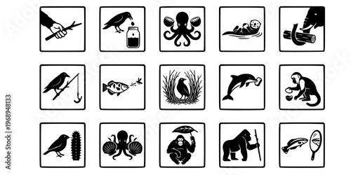 15 Black and White Tool Use Animal Intelligence Vector Icons Flat Line Art