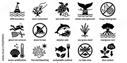15 Black and White Wildlife Conservation Vector Icons Flat Line Art Set