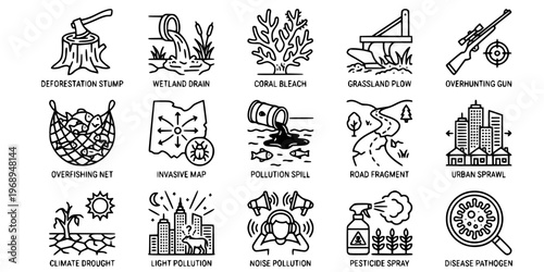 15 Black and White Habitat Loss Threat Vector Icons Flat Line Art