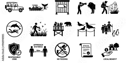15 Black and White Ecotourism Wildlife Watching Vector Icons Flat Line Art