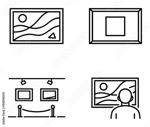 Multiple framed artworks and visitor viewing painting in gallery