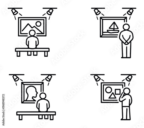 People viewing framed artwork under spotlights in gallery