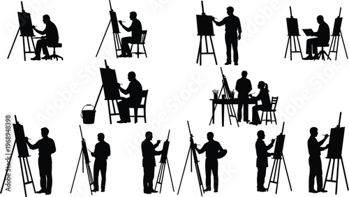 Artist silhouettes painting on easel set creative people drawing studio activity black isolated illustration for art education and design use