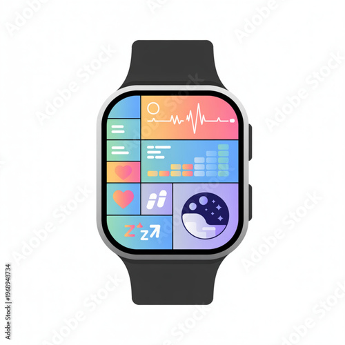 Modern smartwatch with health and fitness tracking dashboard interface