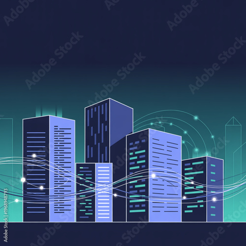 Modern smart city skyline with digital network connections and data flow lines on a dark blue background