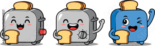 Cute cartoon toaster characters with smiling faces holding bread slices, funny kitchen appliance mascots, colorful vector illustration isolated on white background