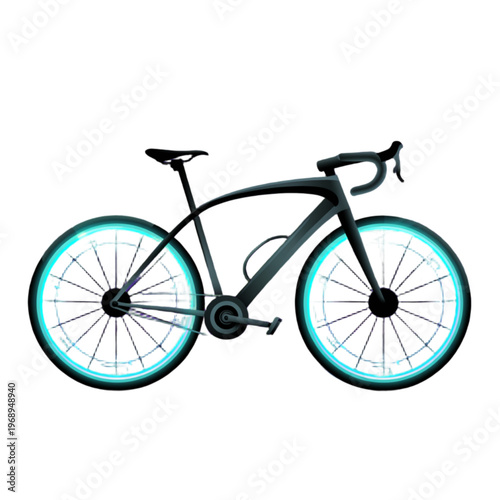 Modern racing bicycle with glowing cyan wheels