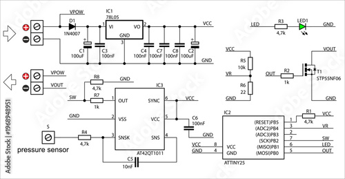 Schematic diagram of electronic device on sheet of paper. Vector drawing electrical circuit with 
integrated circuit, 
capacitor, resistor, pressure sensor,
transistor, led indicator, microcontroller.