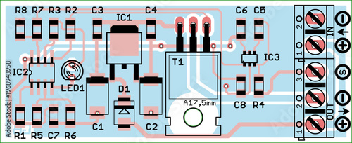 Vector printed circuit board of electronic 
device with components of radio elements, 
conductors and contact pads placed on pcb. 
Engineering technical drawing. Electric background.