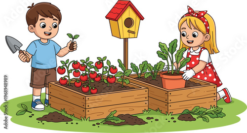 Cute children gardening in backyard with raised beds, planting vegetables and watering plants, colorful cartoon illustration for education and outdoor activity themes