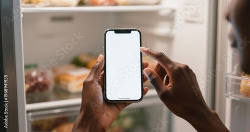 Person Using Smartphone in Front of Open Refrigerator for App Development