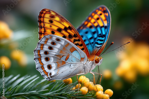 Colorful butterfly perched on yellow flowers in a vibrant garden during daytime