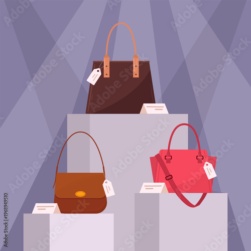 Bags store showcase. Fashionable accessories shop, trendy handbags on boutique shelves flat vector illustration. Cartoon leather goods showcase
