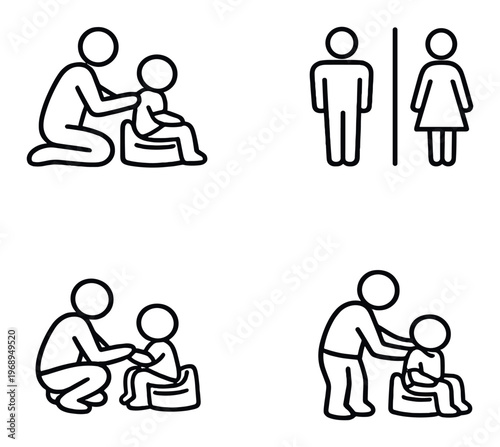 Adult assisting child on potty with restroom symbols on wall