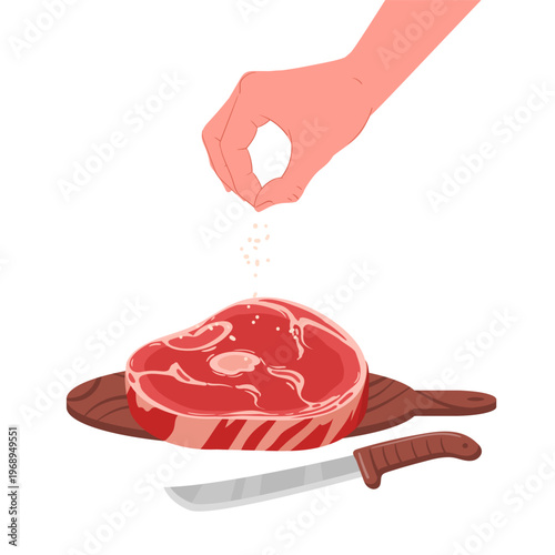 Beef steak seasoning. Hand salting meat steak, delicious red meat product, meat steak salting process flat vector illustration. Cartoon meat slice cooking on white background