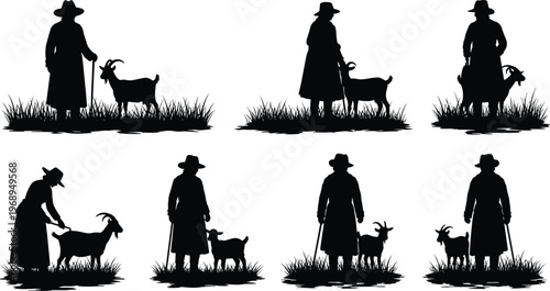 Farmer with goats silhouettes rural agriculture lifestyle scene black and white illustration isolated background farming livestock concept